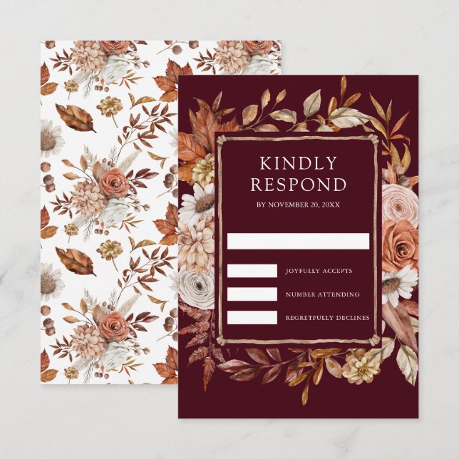 Terracotta Floral Burgundy Wedding RSVP Card (Front/Back)