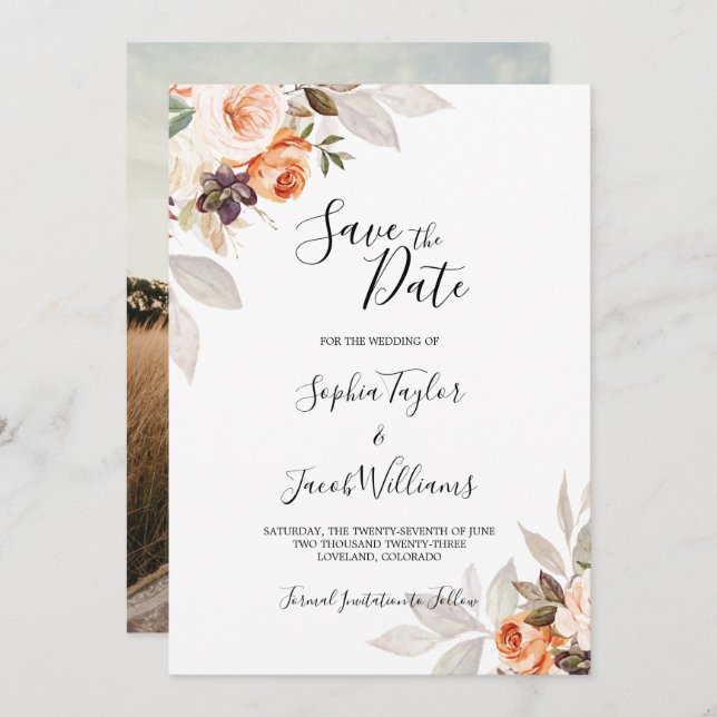 Terracotta Floral Burnt Orange Boho Fall Wedding Save The Date (Front/Back)