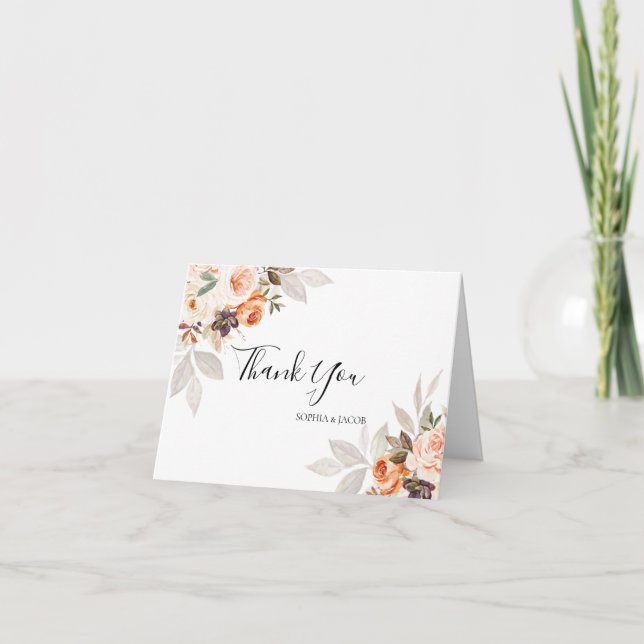 Terracotta Floral Burnt Orange Boho Fall Wedding Thank You Card (Front)