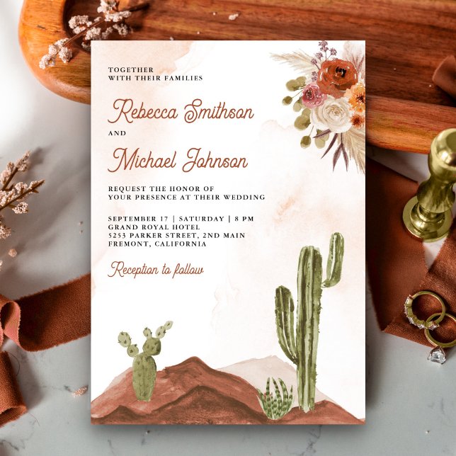 Terracotta Floral Cactus QR Code Photo Wedding Invitation (Creator Uploaded)
