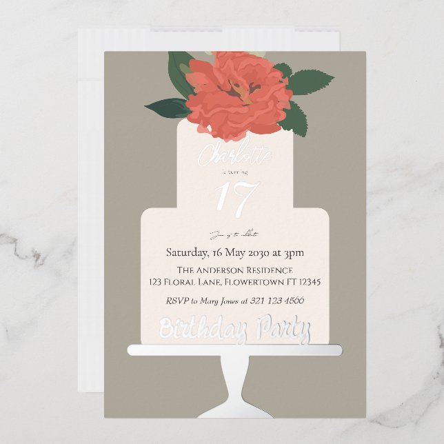 Terracotta Floral Cake Birthday Party Silver  (Envelope)