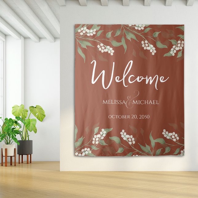 Terracotta Floral Calligraphy Ampersand Greenery Tapestry (Terracotta Calligraphy Welcome Wedding Backdrop. )