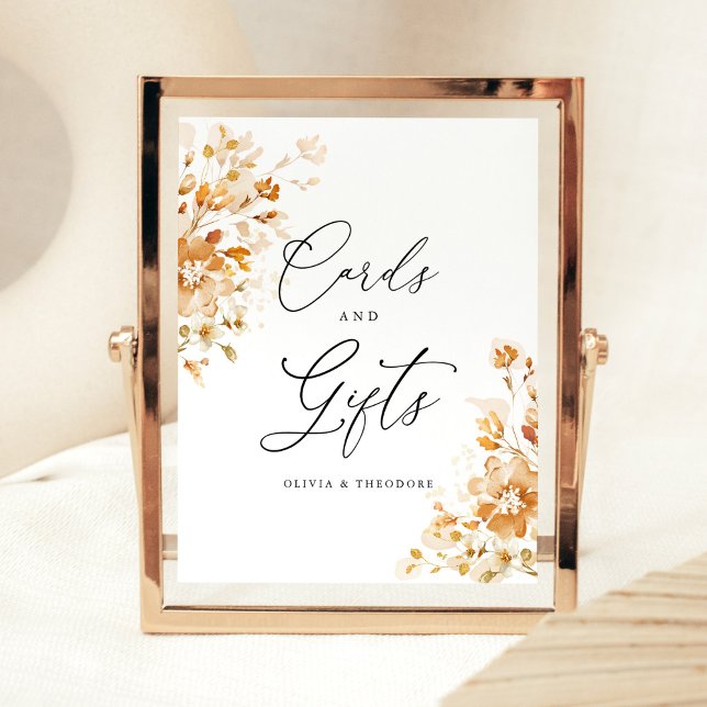 Terracotta Floral Cards & Gifts Wedding Table Pedestal Sign (Terracotta floral cards and gifts table sign with elegant script, burnt orange watercolor wedding)