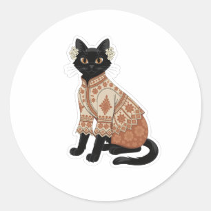 Terracotta Floral Cat Folk Art Sticker