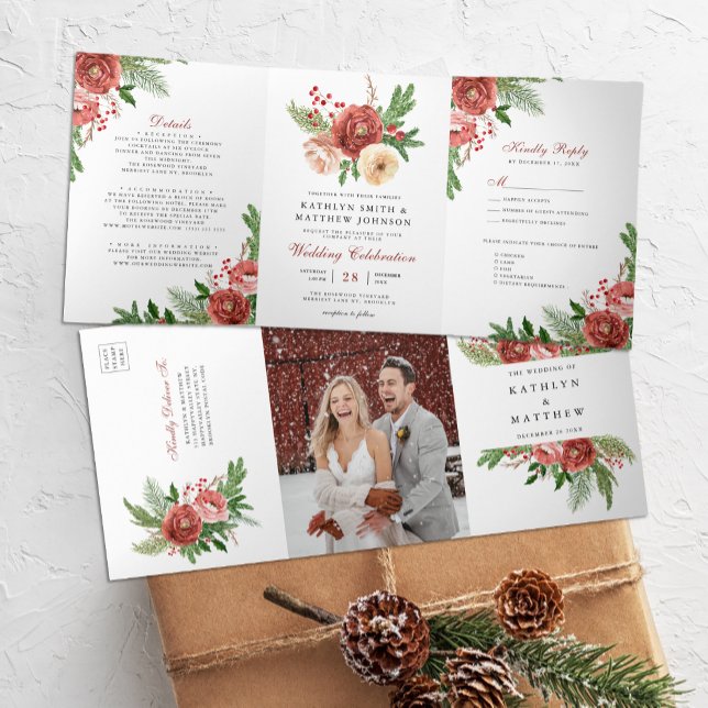 Terracotta Floral Christmas Foliage Winter Wedding Tri-Fold Invitation (Creator Uploaded)