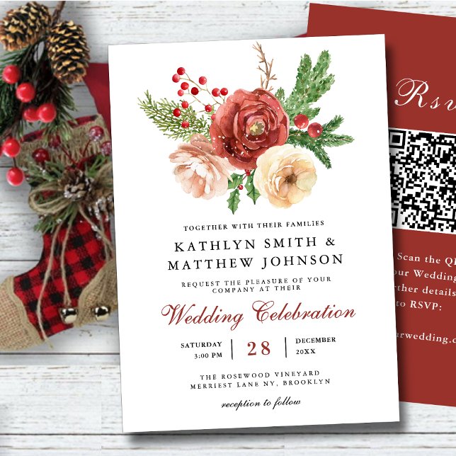 Terracotta Floral Christmas Winter Wedding QR Code Invitation (Creator Uploaded)