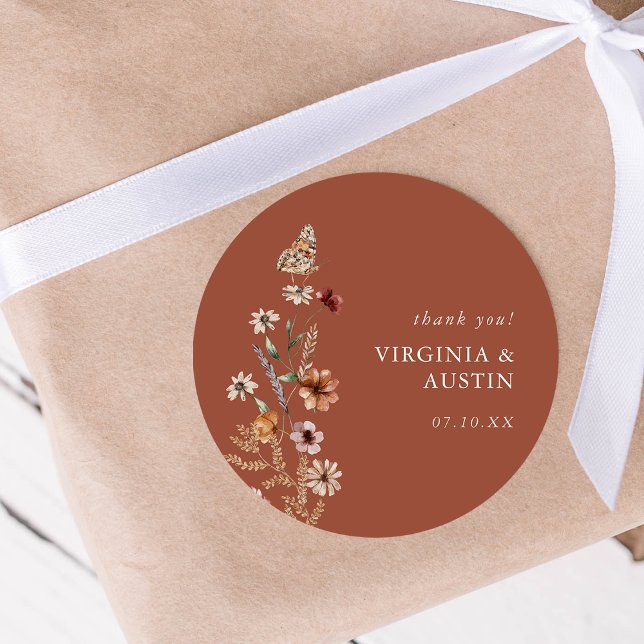 Terracotta Floral Classic Round Sticker (Boho Terracotta Floral Classic Round Sticker with Butterfly by Painted Paperie
)