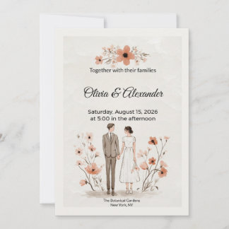Terracotta Floral & Couple Illustration Wedding Card