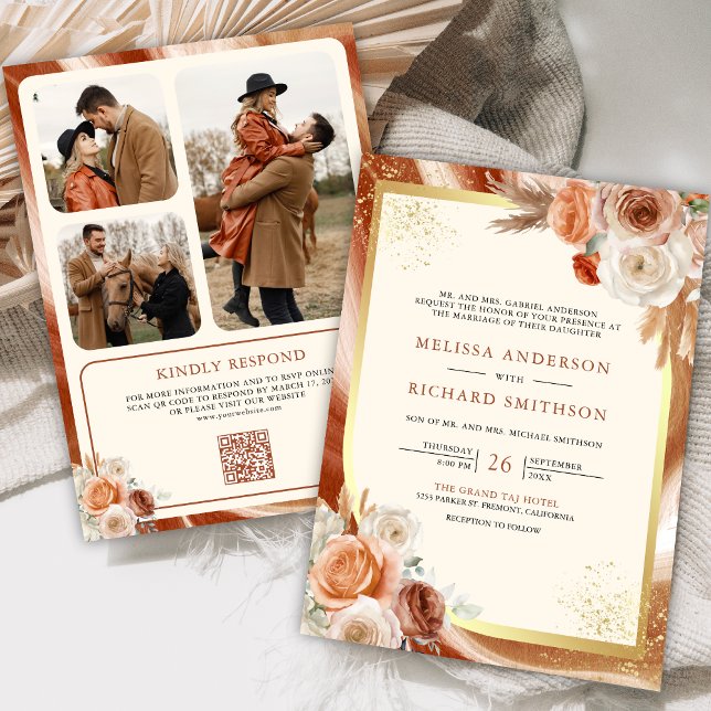 Terracotta Floral Cream Gold Photo QR Code Wedding Invitation (Creator Uploaded)