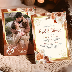 Terracotta Floral Cream Gold QR Code Bridal Shower Invitation