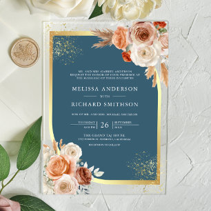 Terracotta Floral Dusty Blue Gold Wedding Acrylic Invitations