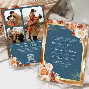 Terracotta Floral Dusty Blue Photo QR Code Wedding Invitation