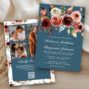 Terracotta Floral Dusty Blue QR Code Wedding Invitation