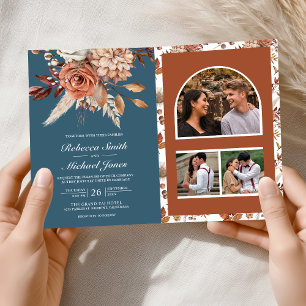 Terracotta Floral Dusty Blue QR Code Wedding Invitation