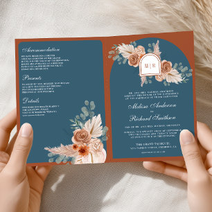 Terracotta Floral Dusty Blue QR Code Wedding Invitation