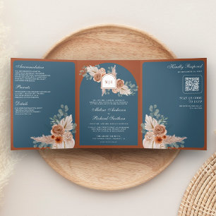 Terracotta Floral Dusty Blue QR Code Wedding Tri-Fold Invitation