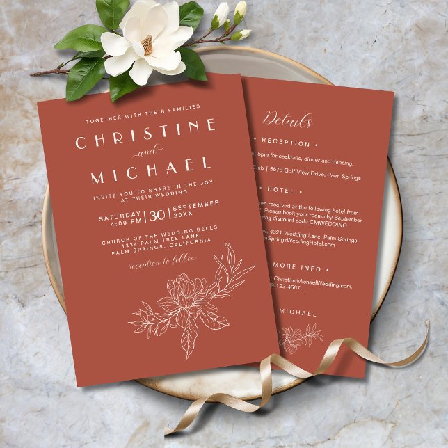 Terracotta Floral Elegant All In One BOHO Wedding Invitation (Terracotta Floral Elegant All-In-One BOHO Wedding Invitation with Magnolias, Wedding Details.)
