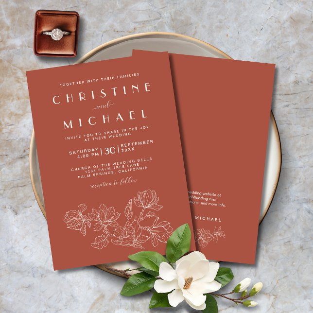 Terracotta Floral Elegant Formal Wedding Invitation (Terracotta Floral Elegant Formal Wedding Invitation with Magnolias Line Art, Ivory, Script Fonts.)