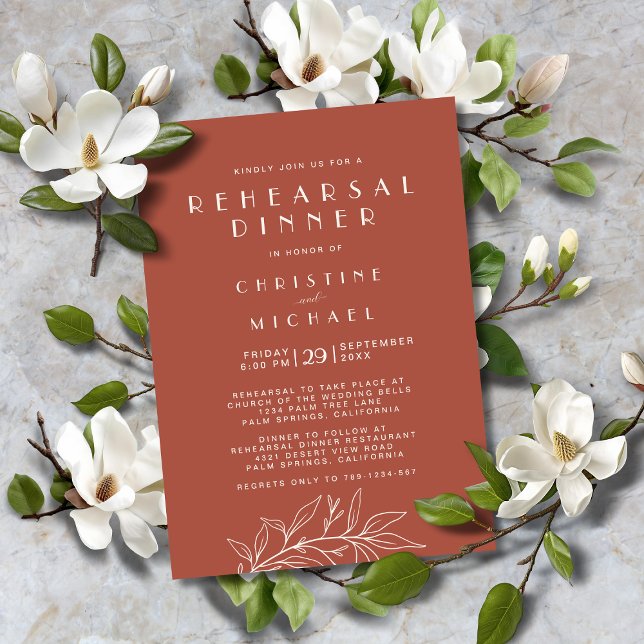 Terracotta Floral Elegant Formal Wedding Rehearsal Invitation (Terracotta Floral Elegant Formal Wedding Rehearsal Dinner Invitation with Magnolia Leaves Line Art.)