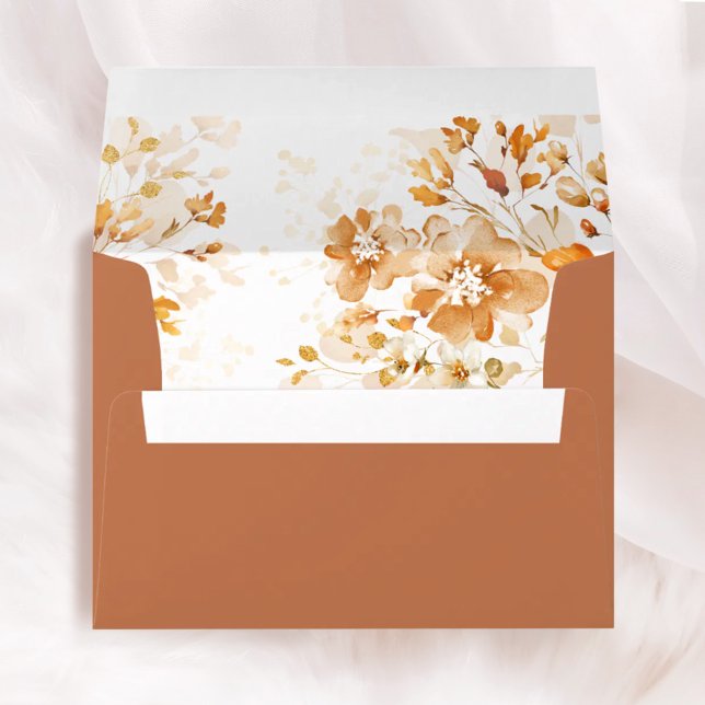 Terracotta Floral Elegant Liner & Addressed Envelope (Terracotta floral printed wedding envelope with liner and return address, burnt orange stationery)