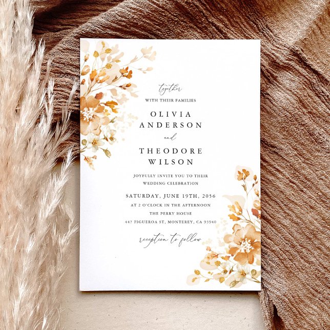 Terracotta Floral Elegant Watercolor Wedding  Invitation (Terracotta floral elegant wedding invitation with soft gold accents and classic serif typography)