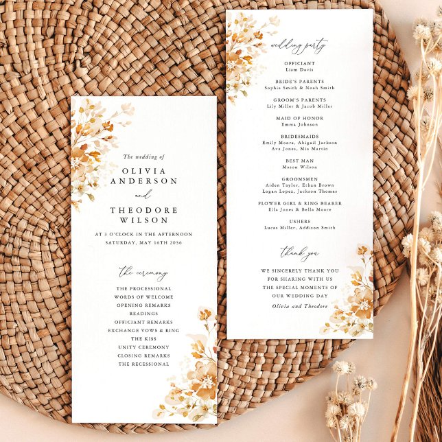 Terracotta Floral Elegant Wedding Ceremony Programme (Terracotta floral wedding program card, elegant ceremony order, burnt orange watercolor stationery)