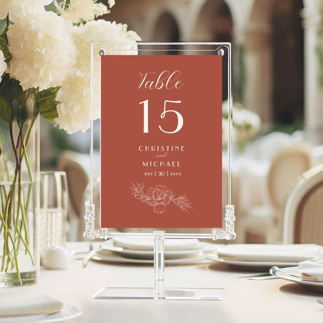 Terracotta Floral Elegant Wedding Table Number (Terracotta Floral Elegant 5x7 Wedding Table Number with Ivory Magnolia Line Art, Couple Names, Date.)