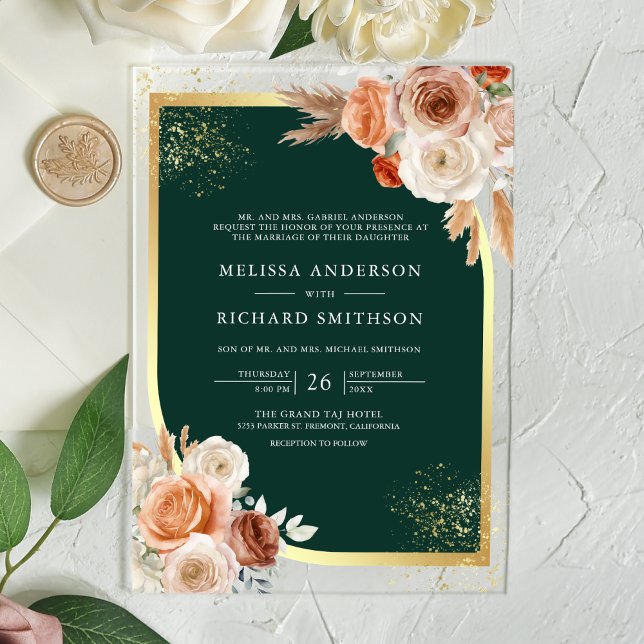 Terracotta Floral Emerald Green Gold Wedding Acrylic Invitations (Creator Uploaded)