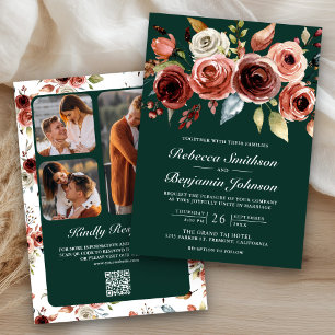 Terracotta Floral Emerald Green QR Code Wedding Invitation