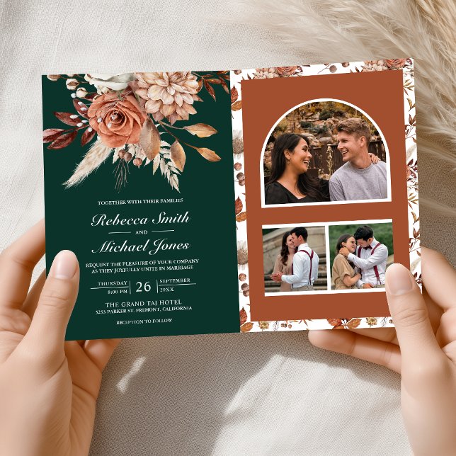 Terracotta Floral Emerald Green QR Code Wedding Invitation (Creator Uploaded)