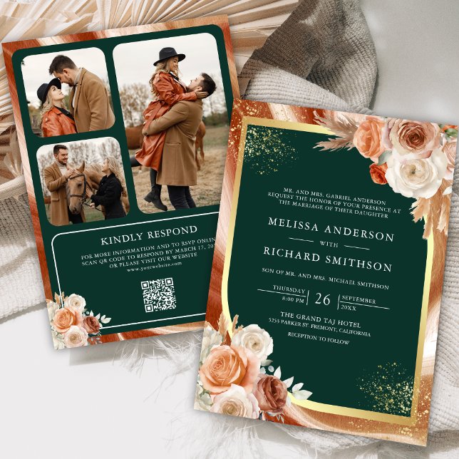 Terracotta Floral Emerald Photo QR Code Wedding Invitation (Creator Uploaded)