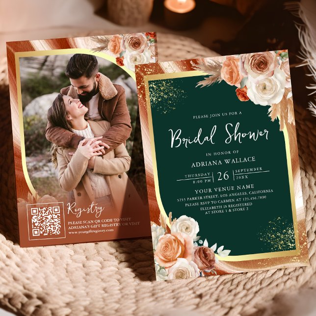 Terracotta Floral Emerald QR Code Bridal Shower Invitation (Creator Uploaded)