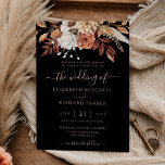 Terracotta Floral Fall Foliage Moody Black Wedding Invitation<br><div class="desc">Embrace the season with this stunning dark,  moody wedding invitation design. A rich header of autumnal watercolor florals and pampas grass in deep terracotta,  rust,  and ivory provides a gorgeous contrast to the black background. The elegant,  flowing copper-toned script and classic font create a sophisticated,  bohemian fall aesthetic.</div>