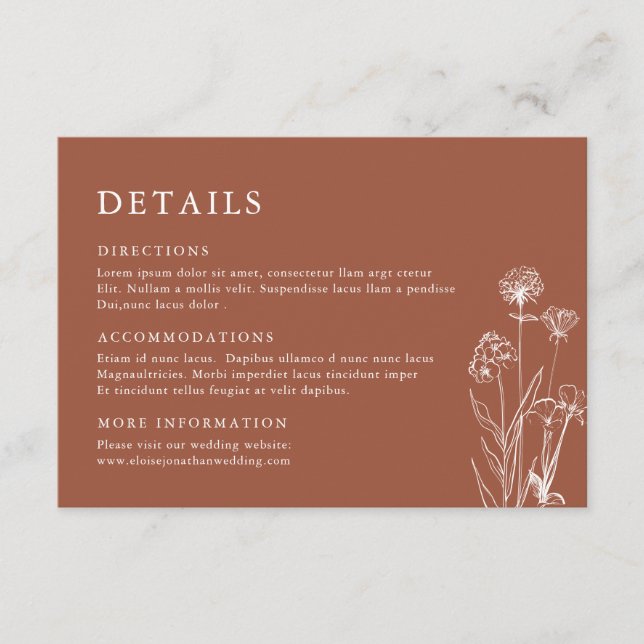 Terracotta Floral  Fall Wildflower Wedding Details Enclosure Card (Front)
