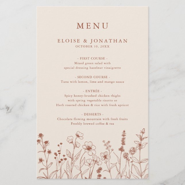 Terracotta Floral Fall Wildflower Wedding Menu (Front)