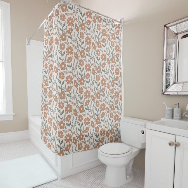 Terracotta Floral Flowers Pattern  Shower Curtain (In Situ)