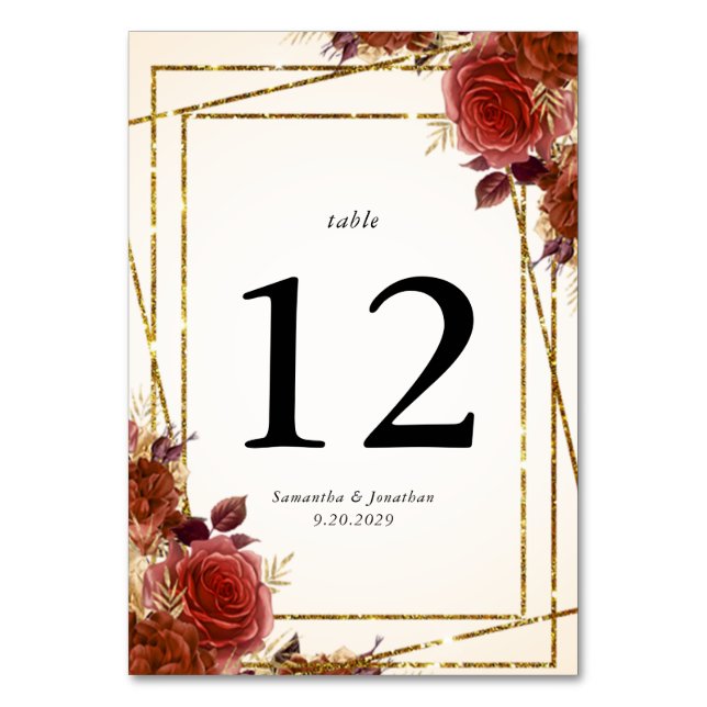 Terracotta Floral Gold Glitter Frame Wedding Table Number (Front)