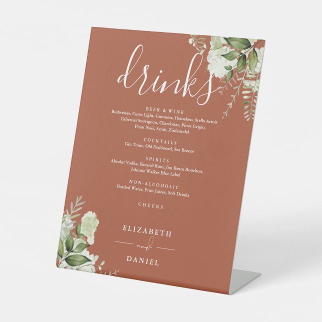 Terracotta Floral Greenery Wedding Drinks Menu Pedestal Sign (Front)
