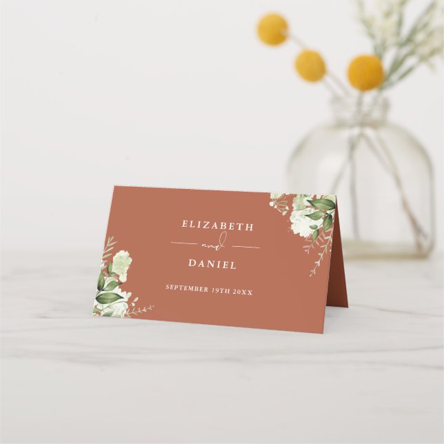 Terracotta Floral Greenery Wedding Folded Place Card (Back)