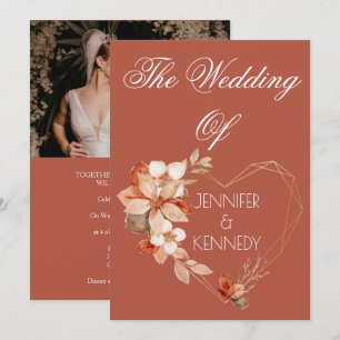 Terracotta Floral Heart Custom Photo Burnt Orange Invitation