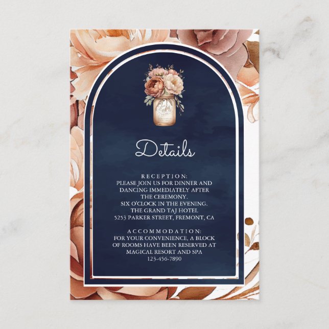 Terracotta Floral Mason Jar Navy Wedding Details Enclosure Card (Front)
