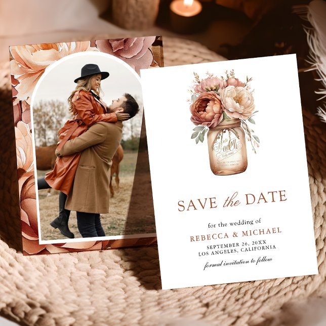 Terracotta Floral Mason Jar Photo Wedding Save The Date (Creator Uploaded)