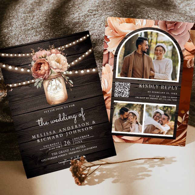 Terracotta Floral Mason Jar Wood QR Code Wedding Invitation (Creator Uploaded)