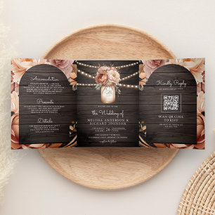 Terracotta Floral Mason Jar Wood QR Code Wedding Tri-Fold Invitation
