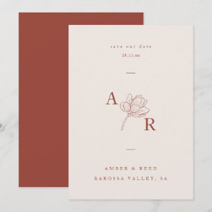 Terracotta Floral Minimalist Monogram Elegant  Save The Date