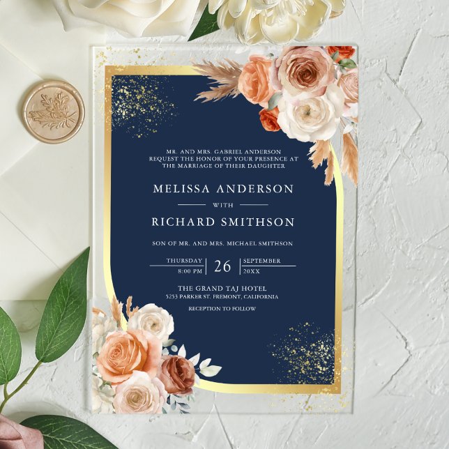 Terracotta Floral Navy Blue Gold Wedding Acrylic Invitations (Creator Uploaded)