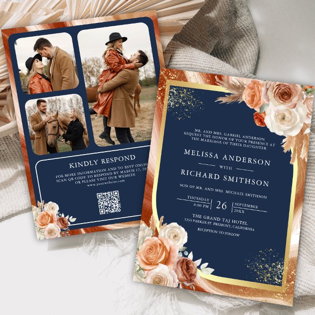 Terracotta Floral Navy Blue Photo QR Code Wedding Invitation (Creator Uploaded)