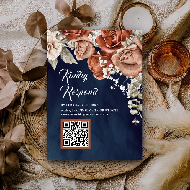 Terracotta Floral Navy Blue QR Code RSVP Wedding Enclosure Card (Creator Uploaded)