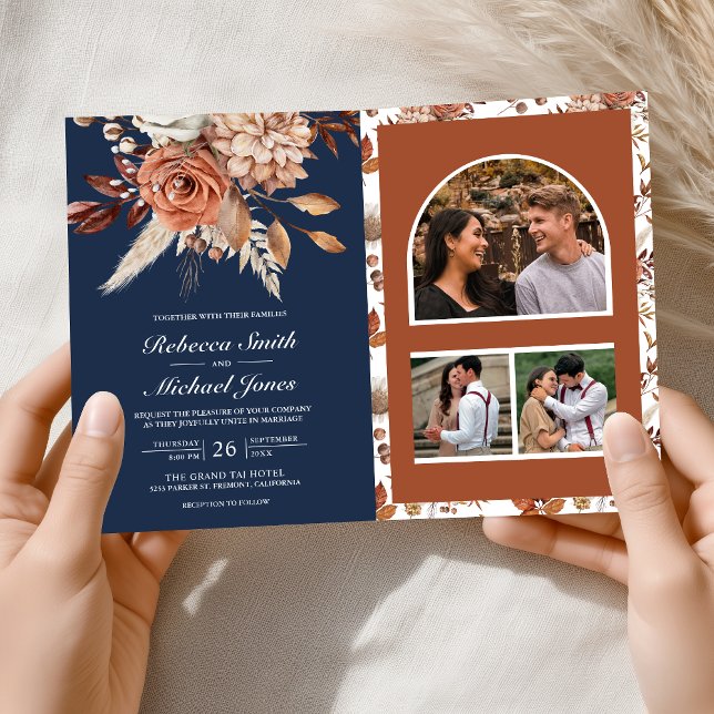Terracotta Floral Navy Blue QR Code Wedding Invitation (Creator Uploaded)