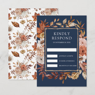 Terracotta Floral Navy Blue Wedding RSVP Card